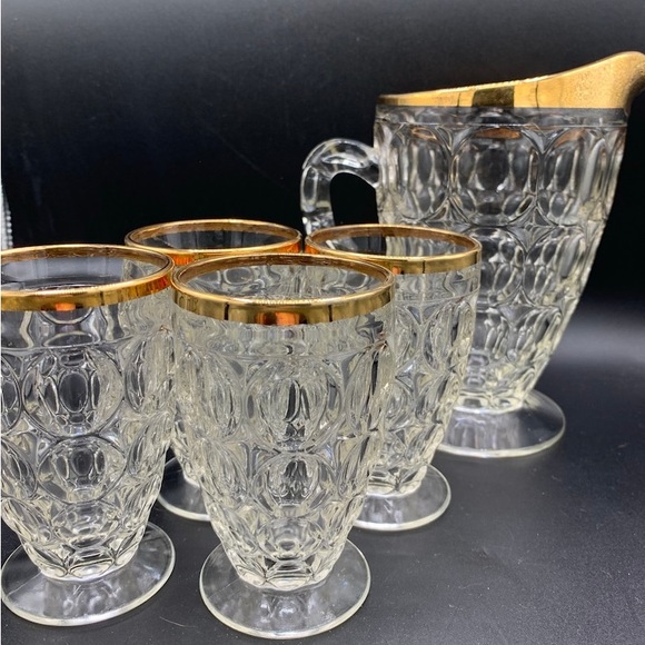 Jeannette Goldtrim Thumbprint Pitcher and glasses - Picture 2 of 6